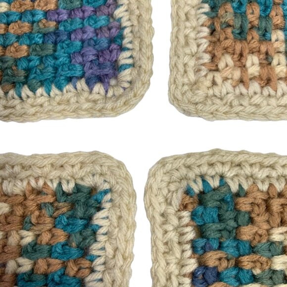 Mug Rugs Coasters Handmade Crochet Square Beige Tan Teal Vinyl Back Set of 4 - Picture 5 of 11